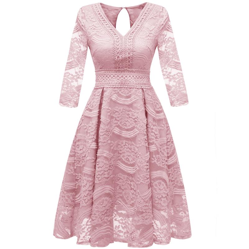 

Casual Dresses Elegant Spring Summer Dress 2021 Female Sexy V-neck Retro Ball Gown Women Vintage Embroidery Floral Lace Party, Pink party dress