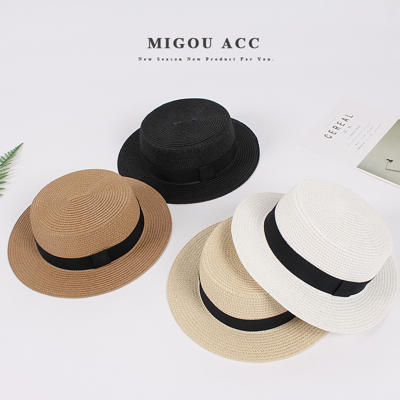

Summer Women Men Wide Brim Straw Hat Fashion Chapeau Paille Lady Sun Hats Panama Beach Hats Flat top Chapeu Feminino Caps, White