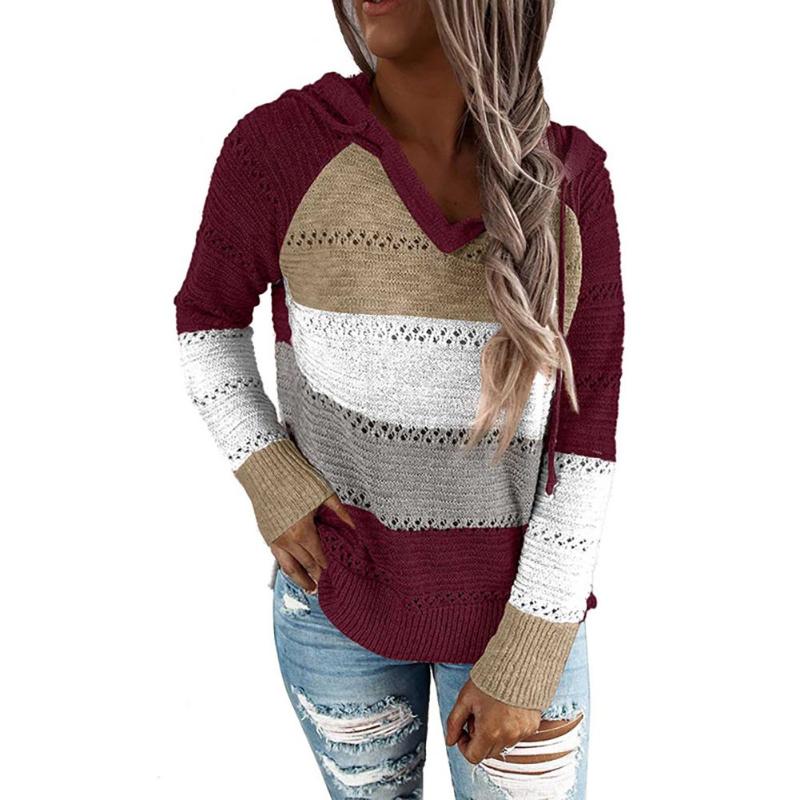 

Casual Sweater Women Autumn Long Sleeve Stripe Patchwork Knitted Pullover Hooded Sweater Knitted Pullover Hooded 2020, Pink