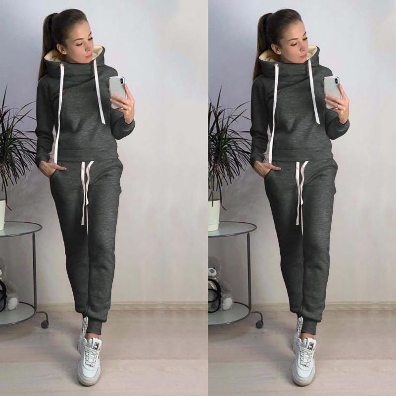 

tracksuit women sportwear women's suit 2020 Fashion Women Casual Solid Hooded Long Sleeve Sport Tops+Long Pants Set#g4, Darkgray