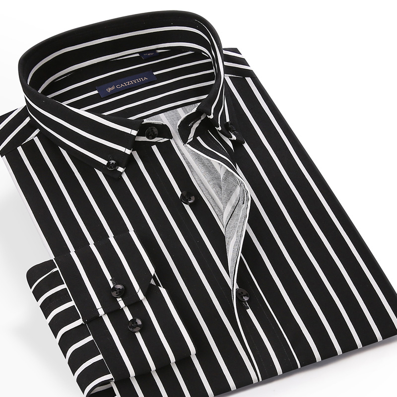 

England Style Long-sleeve Contrast Striped Dress Shirts for Men Holiday Casual Button-down Standard-fit Comfortable Cotton Shirt, Black