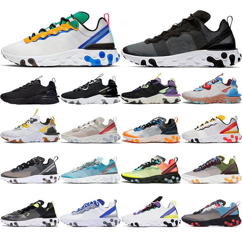 

2021 React Element 87 55 running shoes for men women white black Sail Royal Tint blue Desert Sand mens runners breathable sports sneakers, #2 black iridescent