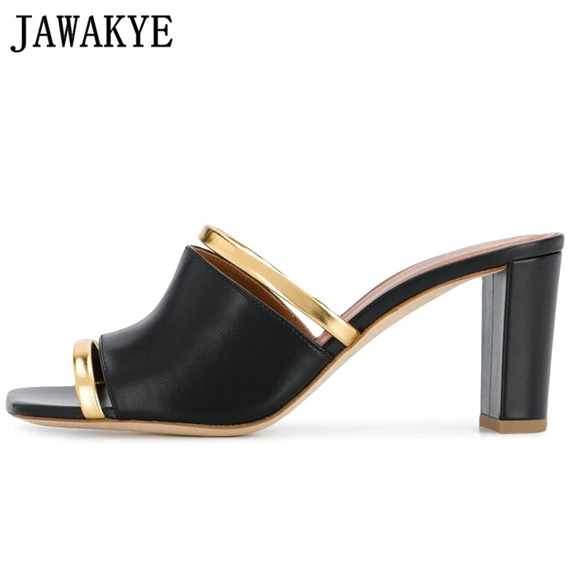 

Square open toe block heel mules women summer gold black strappy sandals real leather dress slippers 2020 new mules shoes female, White