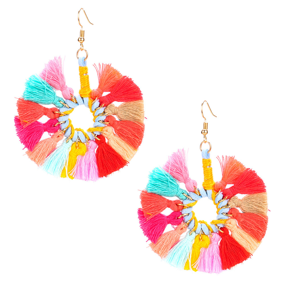 

EH7462 exaggerated alloy ring tassel multilayer woven earrings women's fashion Bohemia