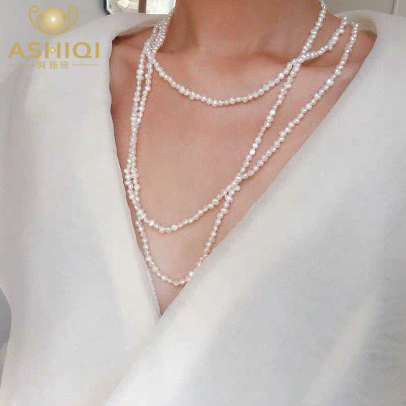 

ASHIQI 160 cm Long Natural Freshwater Pearl Necklace For Woman Gift Multiple Ways of Wearing Sweater Chain Jewelry 2020