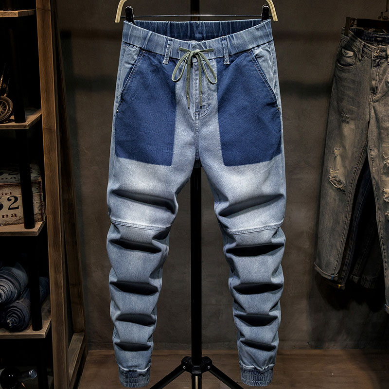 

Spring Summer Men Thin Pencil Jeans Long Blue Black Grey Slim Denim Pants Drawstring Elastic Trousers Street Fashion Male Denim, Denim blue