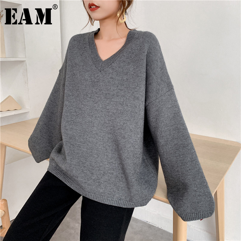 

EAM] Gray Big Size Knitting Sweater Loose Fit V-Neck Long Sleeve Women Pullovers New Fashion Tide Autumn Winter 2020 1Y198, Black