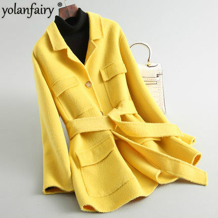

100% Wool Jacket Women Yellow Double-sided Coats and Jackets Women Autumn Winter Coat 2020 KQN20213 Abrigo Mujer Pph356, Black