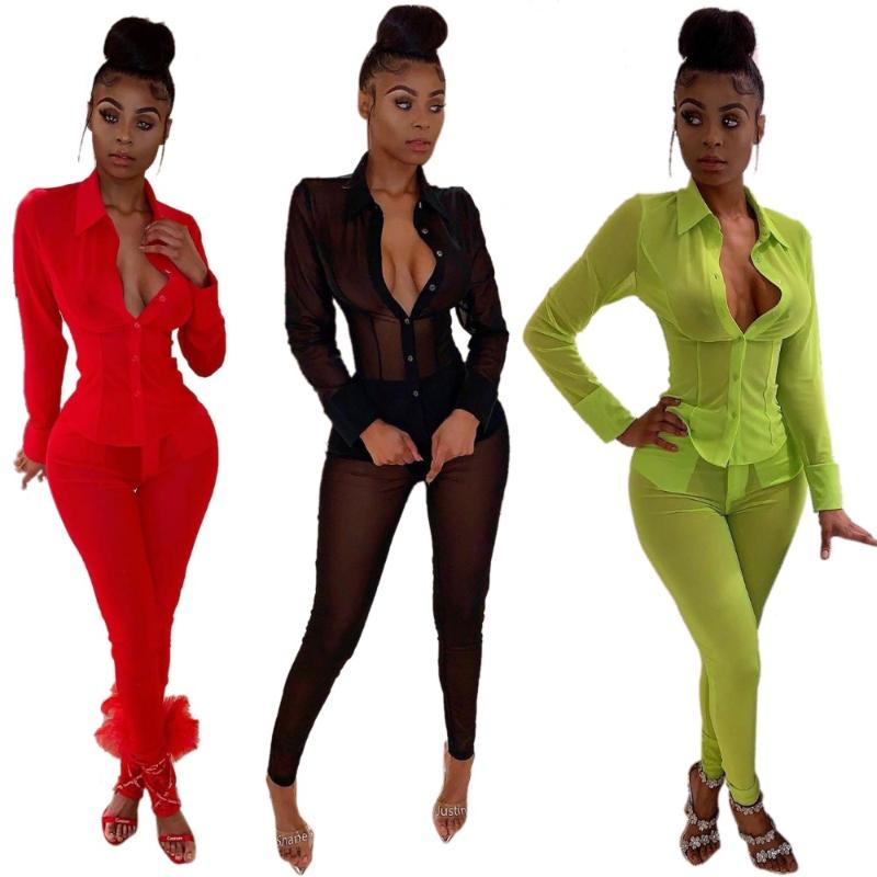 

2020 New Red Summer Mesh See Through Blouse Women Casual Outfits Two Piece Set Pants Sexy Suits Plus Size Clothing Sets -XXL