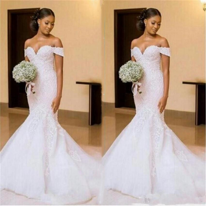 

2020 Mermaid Wedding Dresses Off The Shoulder Appliques Lace Summer Bridal Gowns Sweep Train African Plus Size vestidos de novia, White