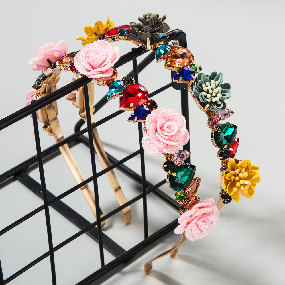

Alloy inlaid color rhinestone fabric flower crown hair band Women's Super Flash inlaid glass diamond show bride's head band