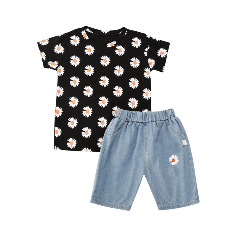 

2020 Summer Baby Girl Clothing Sets Sunflower Printed T Shirt Top + Blue Denim Pants 1-5Y Kids Children Summer Casual Outfits, Black