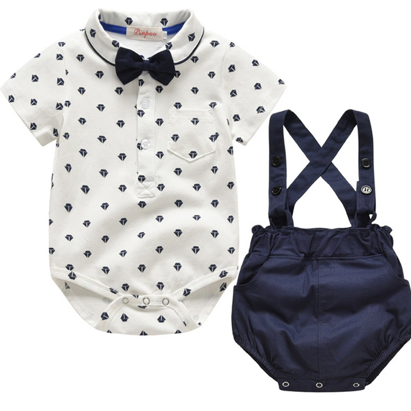 

Baby Boy Clothing Set Summer Toddler Clothes Gentleman Bowtie Bodysuit+Straps Braces Shorts Infant Wedding wedding Outfit Suit, White