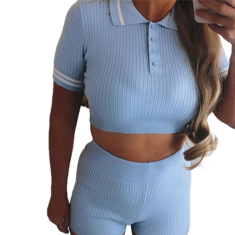 

Ribbed Fashion Women Two Piece Sets Short Sleeve T-shirts Casual Bodycon Outfits Button Crop Top And Shorts Sportwear Casual Set, Black