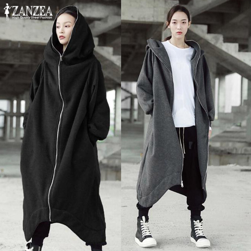 

2020 ZANZEA Winter Women Coats and Jackets Female Long Sleeve Zip Long Jackets Ladies Hooded Outerwear Windbreakers Oversized, Black