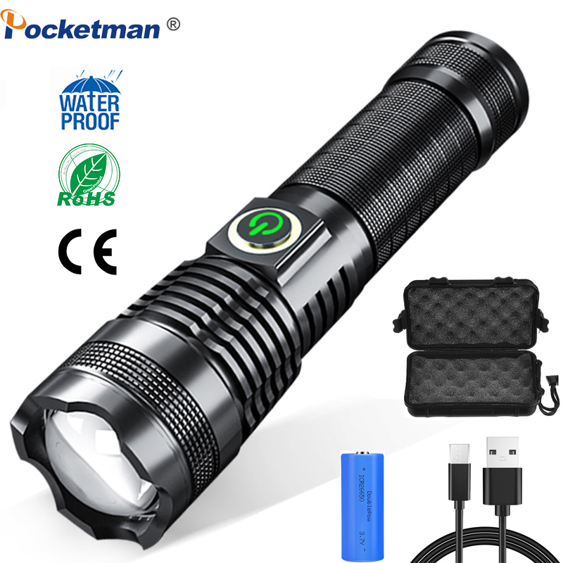 

Super Bright 7000LM LED XHP50.2 Ultra Bright Waterproof linterna Torch Zoomable Hand Lamp USB Charge 26650 Battery