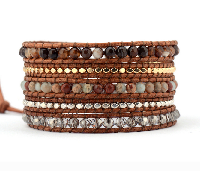 

Top Quality Mix Natural Stone Onyx Crystal 5 Layered Leather Wrap Bracelets Multilayer Weaving Beaded Bracelets Handmade CX200730, Black