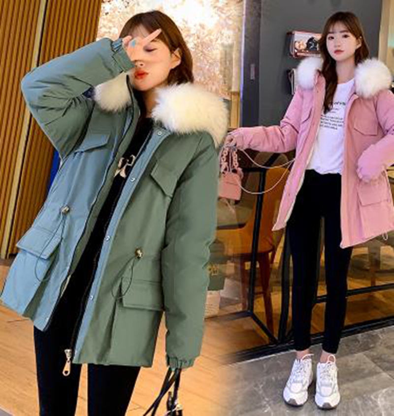 

Wholesale fashion winter new women's loose student school to overcome the big fur collar short cotton coat, Creamy-white
