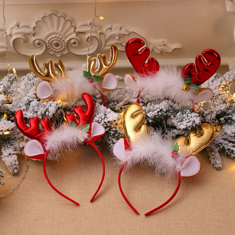 

Red Gold Christmas Headband Antlers White Feather New Year 2020 Hair Band Clasp for Children Headwear Hairbands Christmas Gift 1