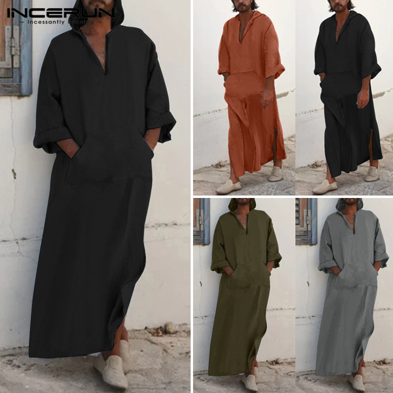 

Men Islamic Arabic Kaftan Jubba Thobe Cotton Solid Long Sleeve Hooded Robes Middle East Dubai Mens Muslim Thobe Abaya INCERUN