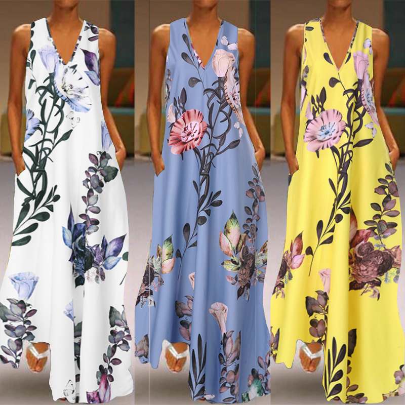 

ZANZEA 2020 Fashion Summer Sundress Women Long Maxi Vestidos Floral Printed Bohemian Dress Ladies Casual Pockets Long Tunic Robe, Yellow