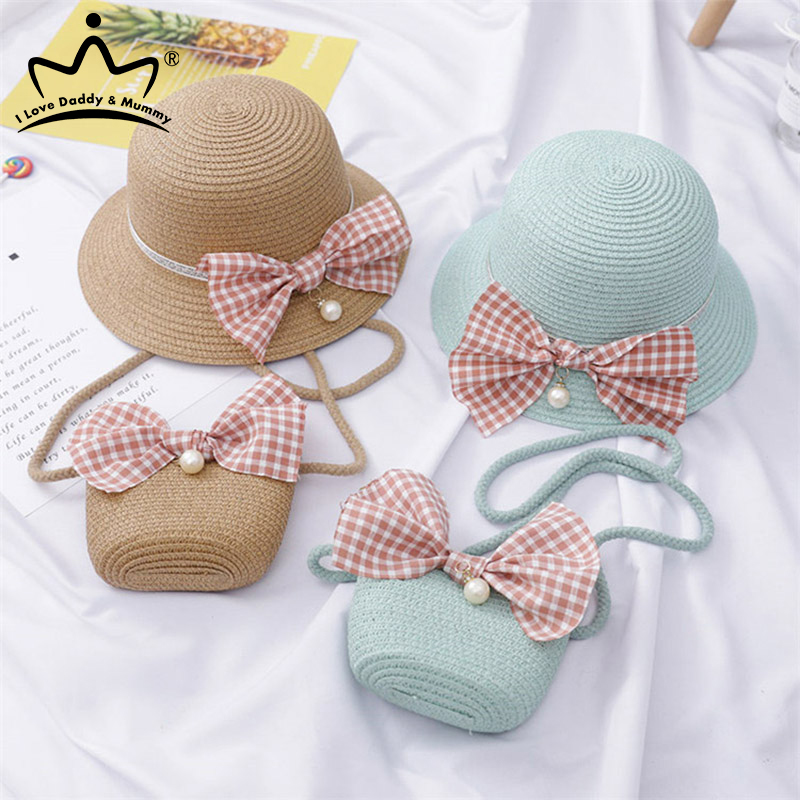 

2Pcs/Set Fashion Children Straw Hat Cute Pearl Bow Sun Hat and Bag Girls Summer Beach Visor Cap Foldable Bucket Hats, Set 5