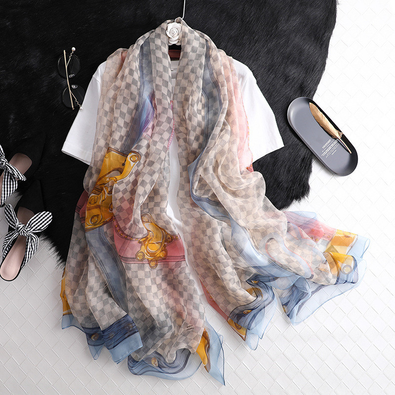 

Classic Grid Silk Scarves Trendy Stripe Fashion Scarf Women Outdoor Shawl Scarf Beach Sun Scarves Lady Wrap Scarves