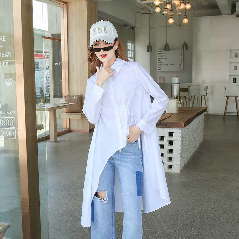 

Europe Autumn New Irregular Women Blouses and Tops Fashion Cotton Casual Wild Long Sleeve Solid Color Women Shirt, Black