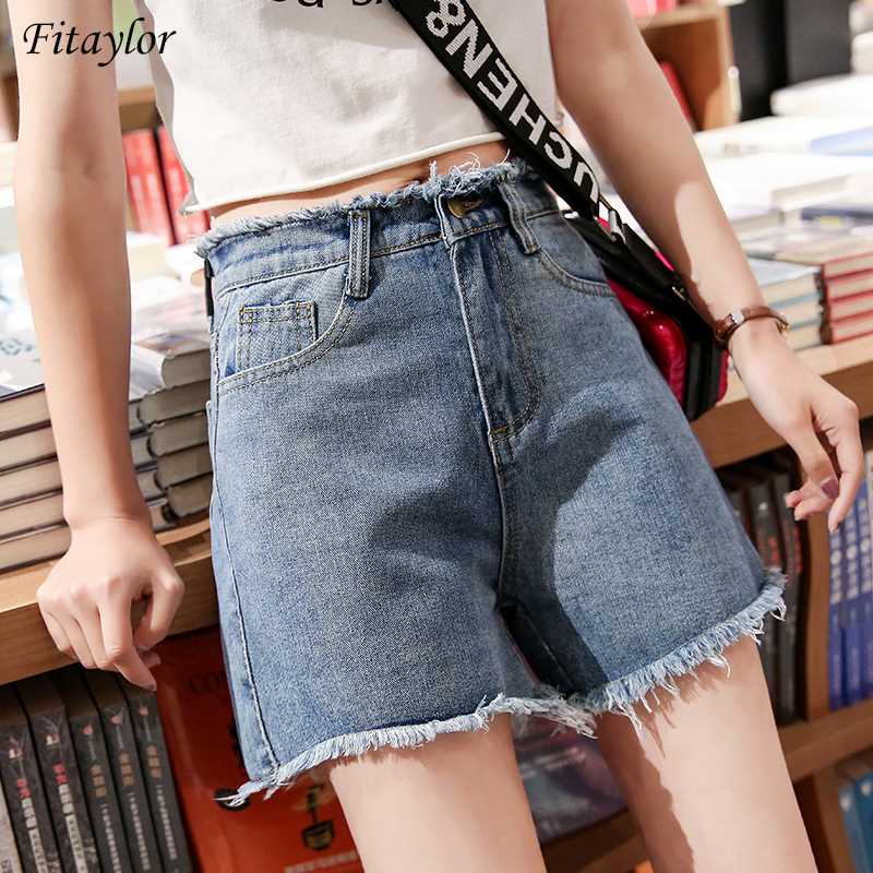 

Fitaylor 2020 New Summer Women Vintage Tassel Blue Denim Shorts Casusl Female High Waist Wide Leg Black White Jeans Shorts