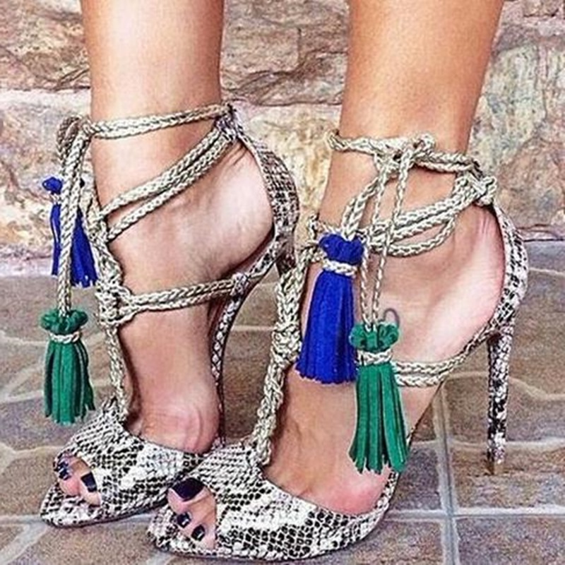 

Sexy Snakeskin Women Sandals Python Leather Sexy Peep Toe Sandals Blue/Green Fringe Ladies Lace Up High Heels Rope Straps Shoes, As picture