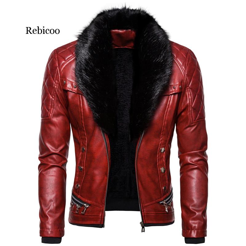 

Rebicoo Punk Leather Jacket Men Thick Rivet Design Motorcycle Biker Leather Jacket Male Fur Collar Windproof Coat, Black