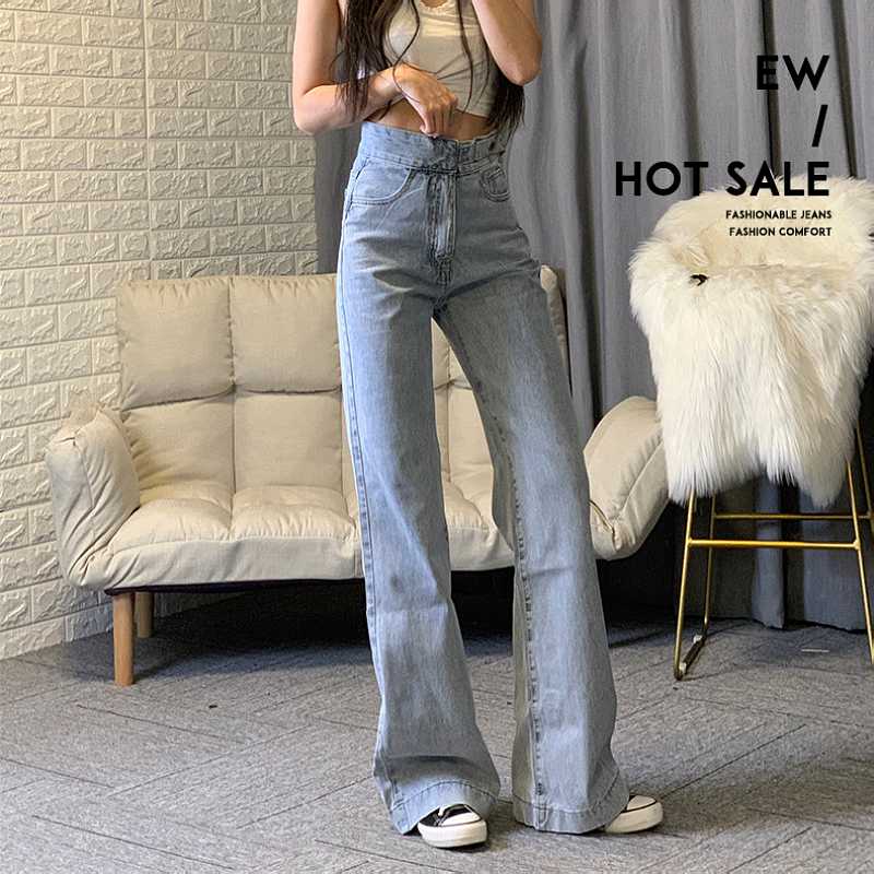 

high waist jeans woman plus size street style elastic waist denim pants Cotton Loose Coated Vintage Washed boyfriend jeans 2020, Light blue