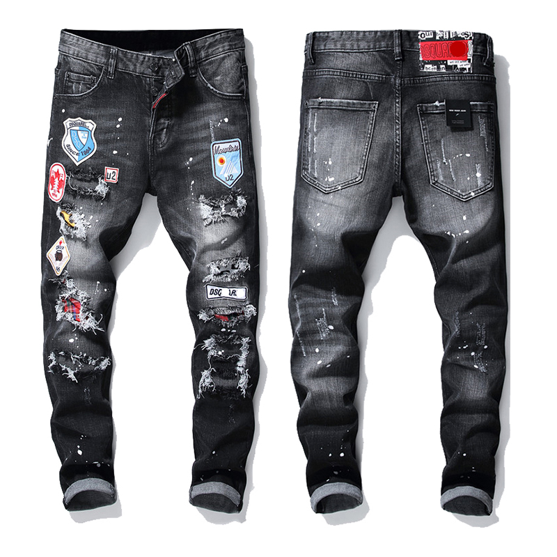 

Ripped torn mens jeans black embroidery slim skinny jeans stretch pants men trousers clothes hip hop streetwear Autumn Winter