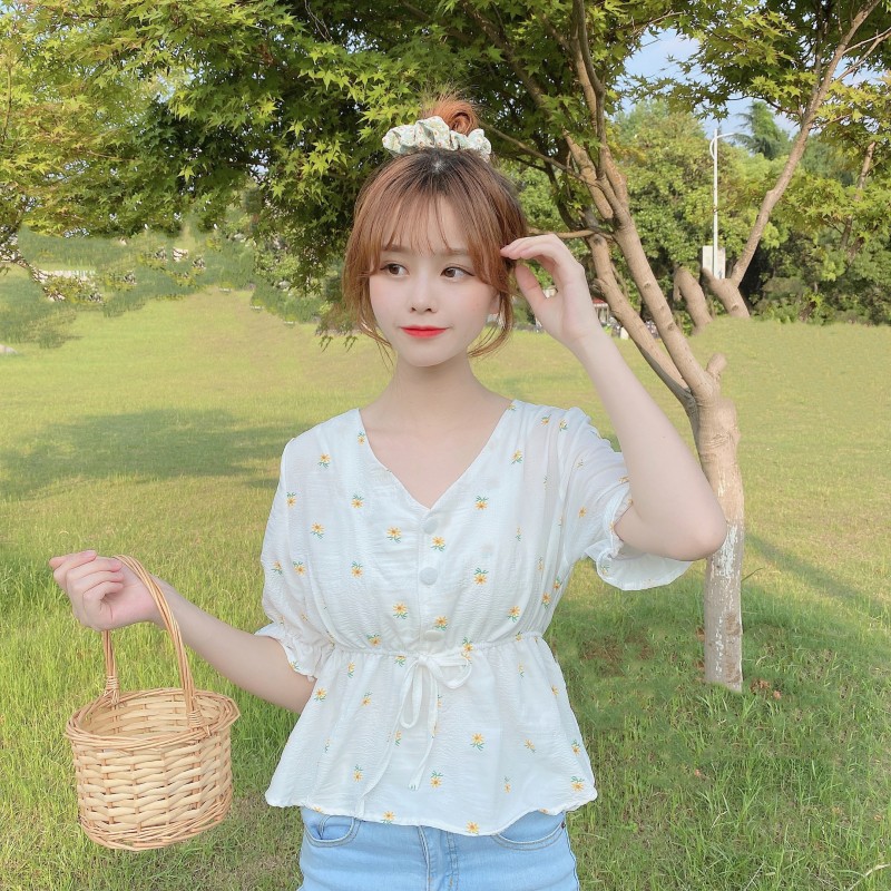 

Korean Style Chemisier Femme Summer Floral Fashion V-Neck Short Sleeve Shirts Tops Women Vrouwen Blouses Clothing, Purple