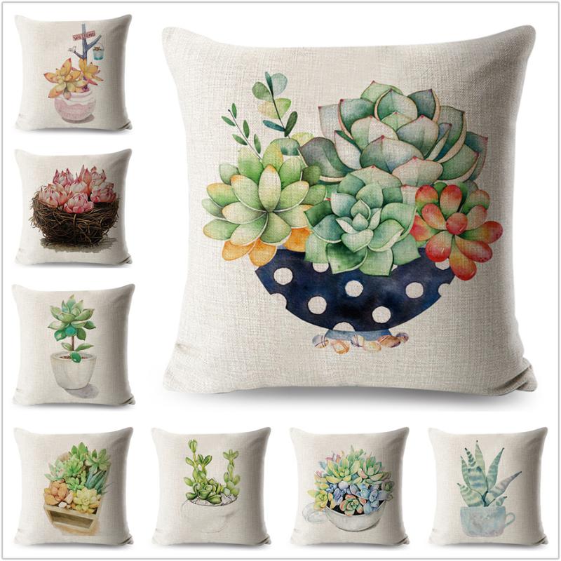 

Watercolor Succulent Plant Pillow Case Linen 45*45 Square Cushion Cover for Sofa Home Decorative Printed Flower Throw Pillowcase, 12