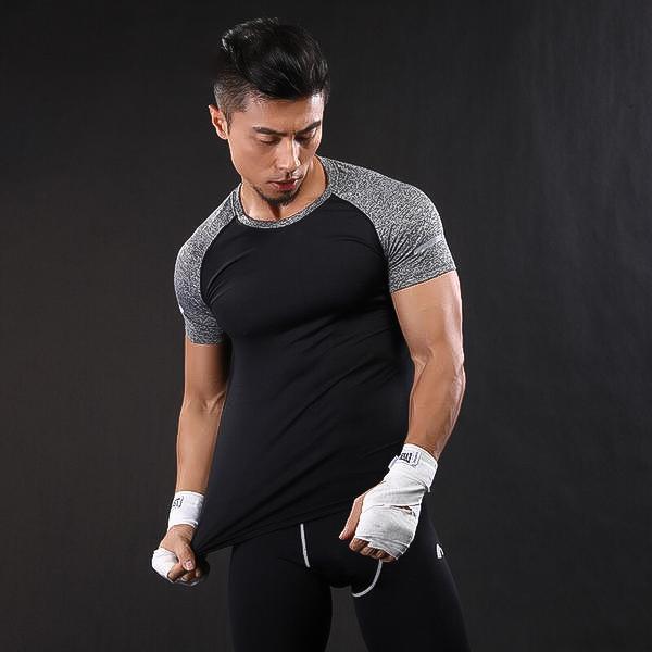 

Quick Dry Slim Fit Tees Men Patchwork T-Shirts Compression Shirt Top Bodybuilding Fitness O-Neck Short Sleeve Running Yoga Shirt, Black