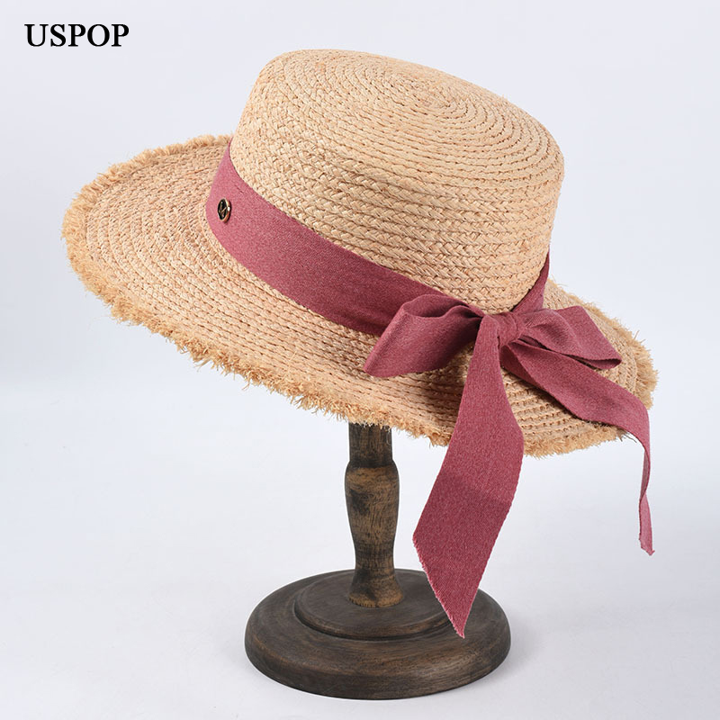 

USPOP 2020 New women sun hats taffia summer hats female flat straw Letter M bow ribbon rough edeges beach, Black