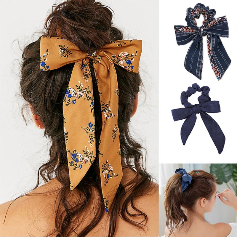 

girls Bow Streamers Hair Ring Fashion Ribbon Girl Hair Bands Scrunchies Horsetail Tie Solid Headwear Accessories, White