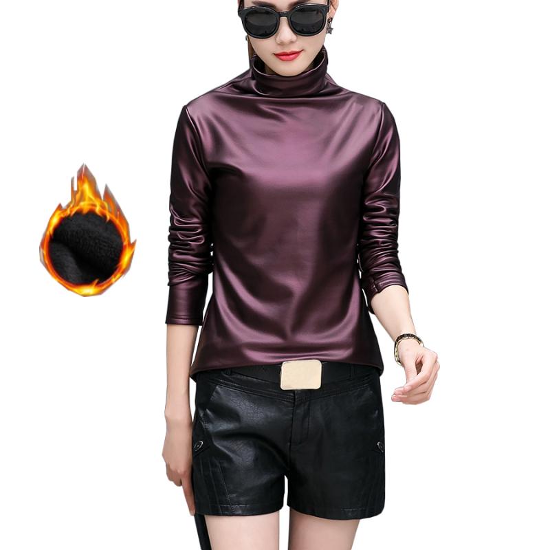 

Plus size 4XL punk turtleneck t-shirt comfortable PU leather t shirt women long sleeve velvet warm winter basic blusas shirts, Black