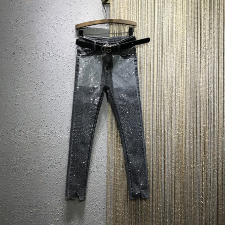 

Tight Jeans for Women Spring Autumn New High Waist Elastic Slim Tight Rhinestones Denim Pants Female Black Jeans Pencil Pants, Not include belt