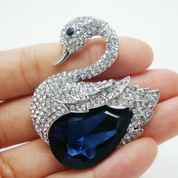 2.51" Fashion Beautiful Swan Bird Blue Rhinestone Crystal Brooch Pin Silver-Tone-image-559425394