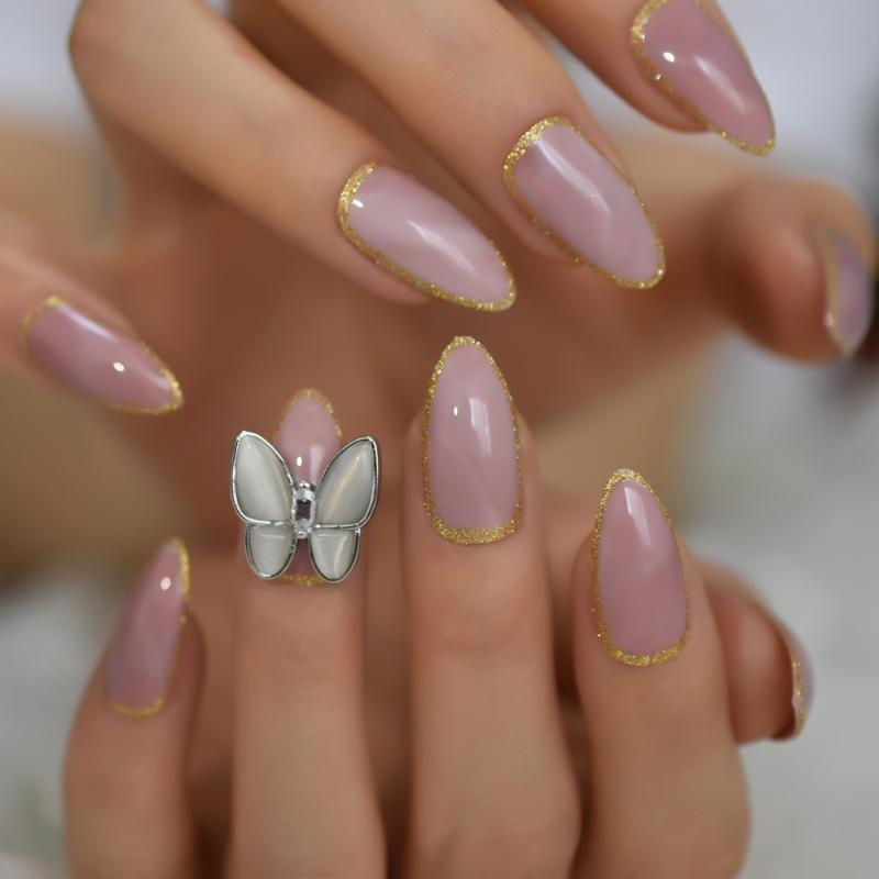 

Fashion 3D Butterfly Pink Marble Stiletto Fake Nails Almond Oval Gold Glitter Press on UV Finger False Nails with Sticker Tabs, L5649