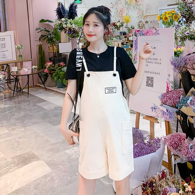 

1879# Summer Korean Fashion Maternity Bib Shorts Elegant Loose Overalls Pants For Pregnant Women Pregnancy Casual Jumpsuits, Beige