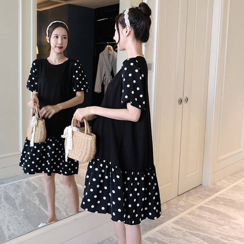 

9012# Maternity Dress Summer Cotton Color Block Short Sleeve Loose Stylish Dress for Pregnant Women Mom, Black