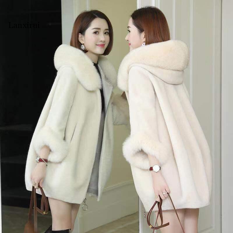

Lanxirui New Winter Clothing Imitate Fur Coat Female Mid-length Imitate Fur Collar Hooded Sheep Shearing Women Coat, Beige