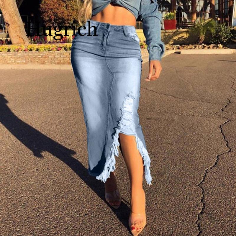 

Jeans Women Skirts Summer Plus Size Pencil Skirt Female High Waist Ripped Destroyed Bodycon Street Style Denim Skirt t Faldas, Light blue