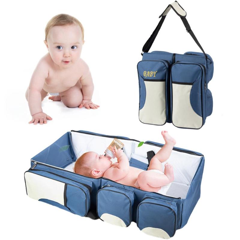 

Multi-purpose Portable Baby Bed Large Diaper Tote Baby Travel Bag Diaper Changing Table Pads For Mom Dad, Blue