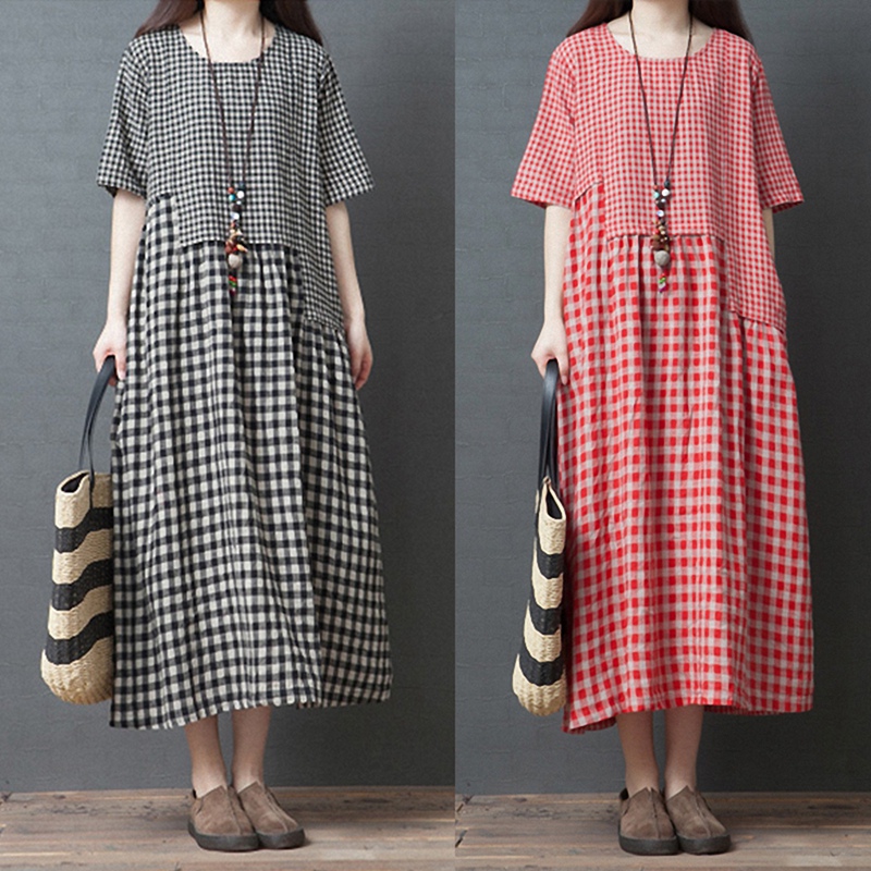 

Women's Fashionable Comfortable Cotton and Linen Plaid Dress, Black