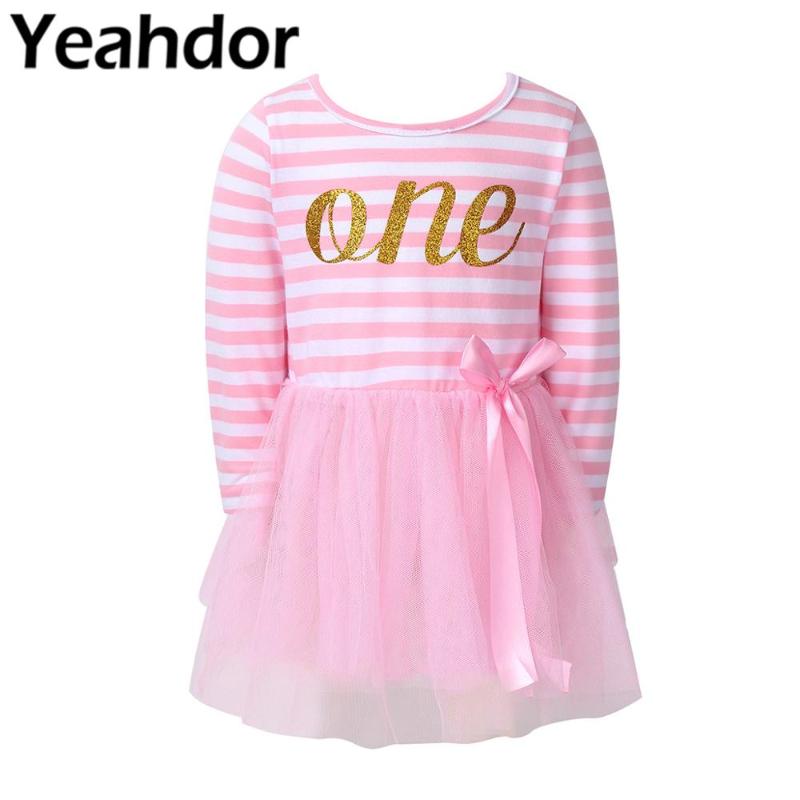 

Kids Girls Long Sleeve Glitter One Printed Striped Bodice Tulle Princess Dress Baby Girl Birthday Party Holiday Casual Dress, Pink