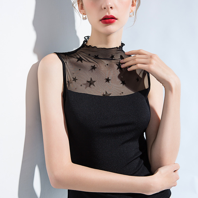 

Summer New Small Turtleneck Soft Chiffon Jacquard Sexy Slim Women Mesh Inner Top Sleeveless Bottoming Shirt, Black